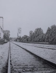 Pencil drawing, graphite, minneapolis, skyline, bunge, tower, railroad tracks, art by john huisman