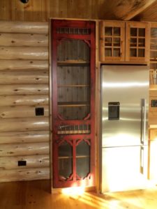 red, distressed, victorian, screen, pantry, door, huisman, lake cabin kitchen