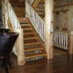 log stairs, log railing, hickory floor