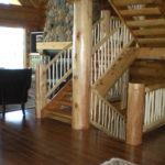 log stairs, railing, hickory floor