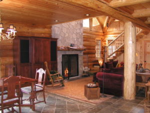 Log home great room and fireplace