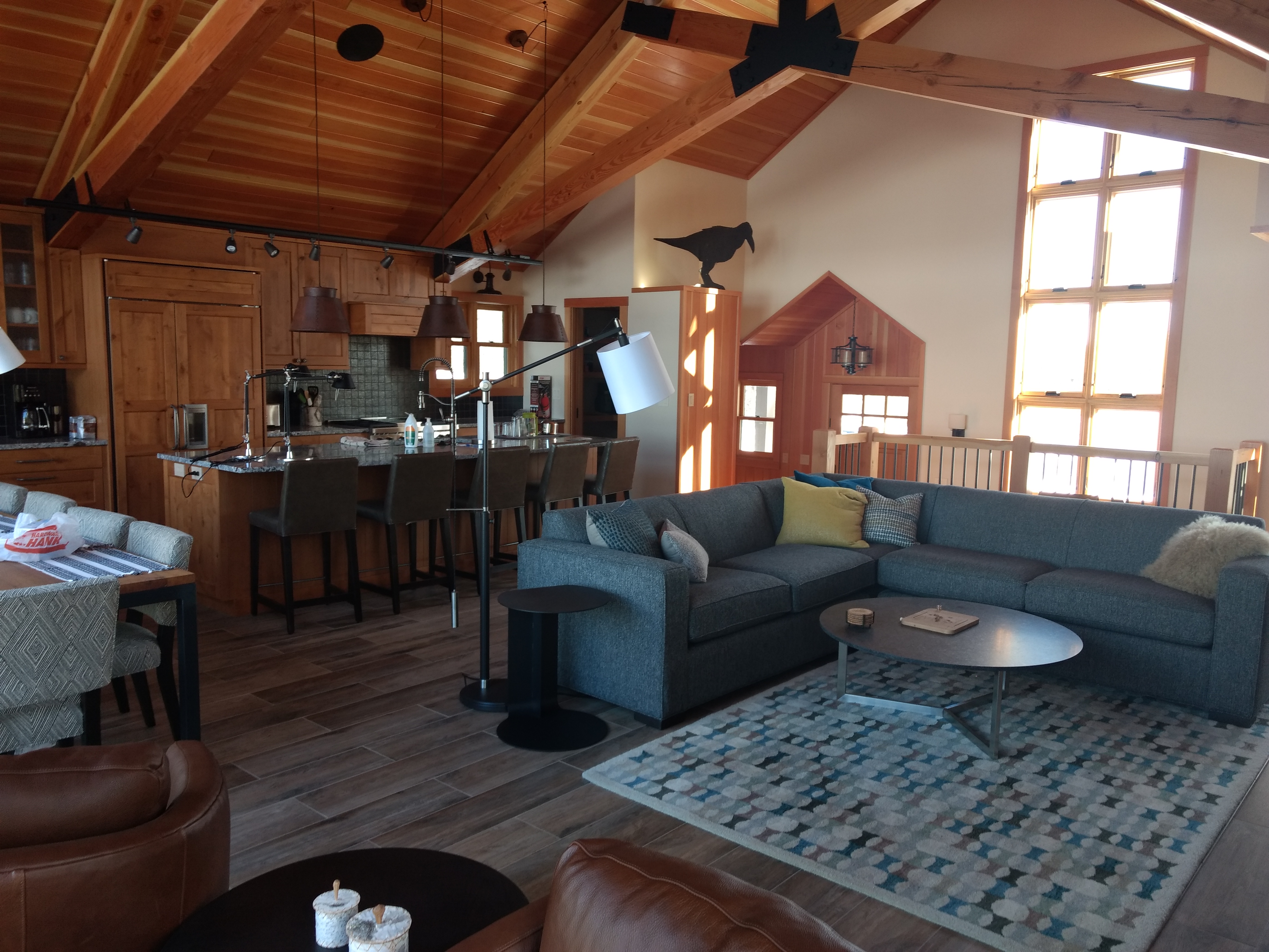 Great room kitchen dining doug fir and tile