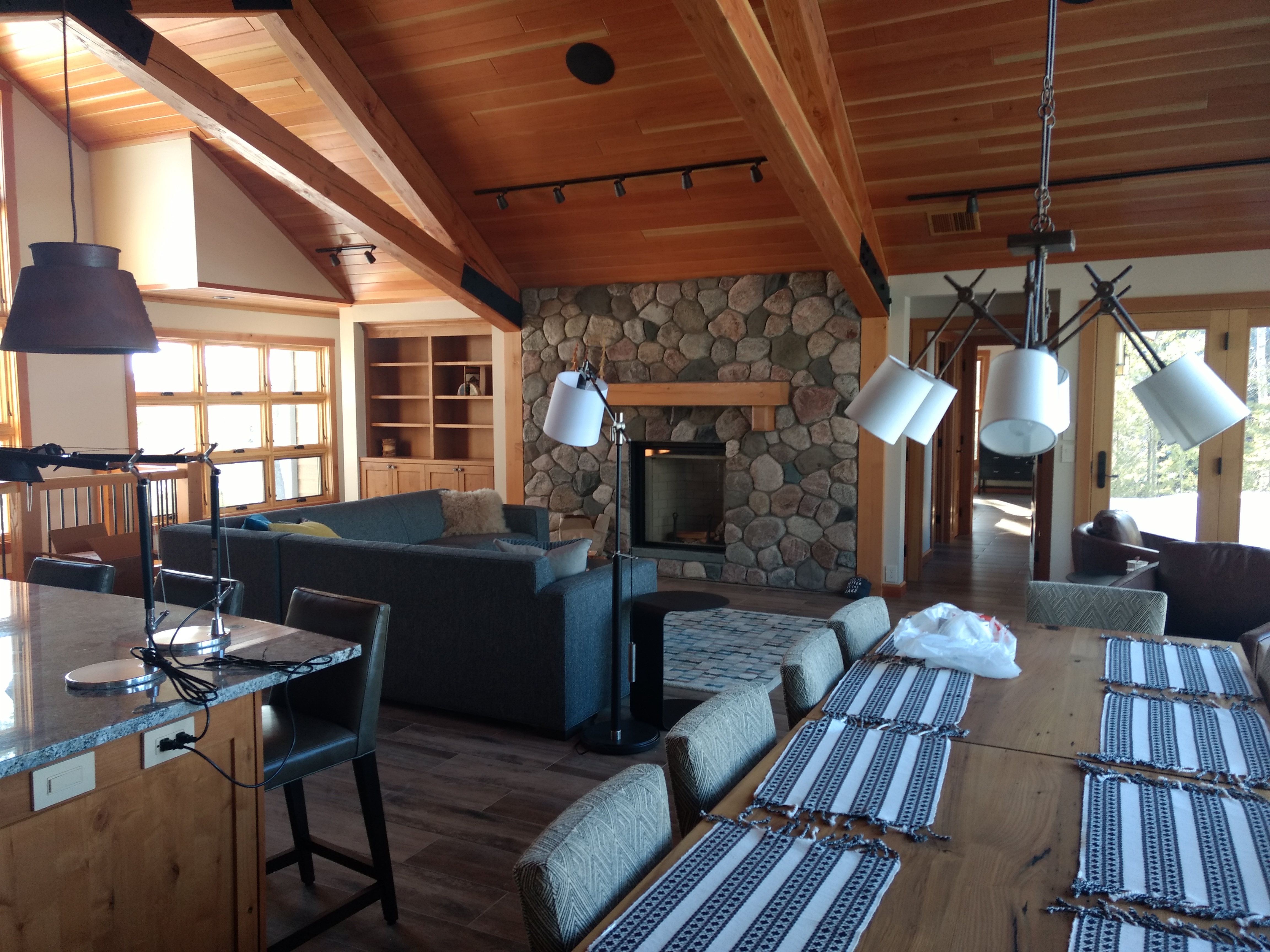 Great room kitchen dining doug fir and tile