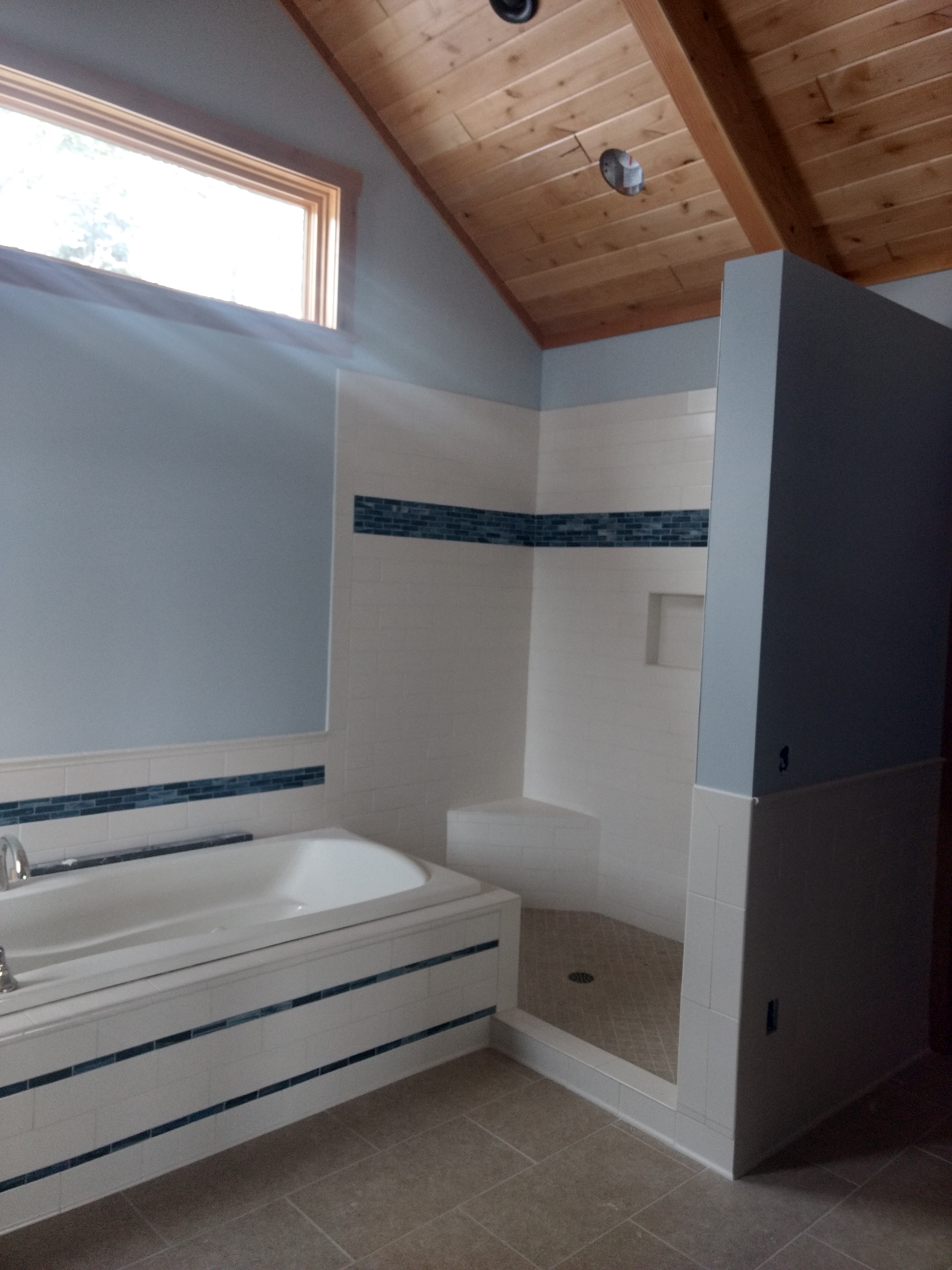 Master bath tub and shower, ready for glass