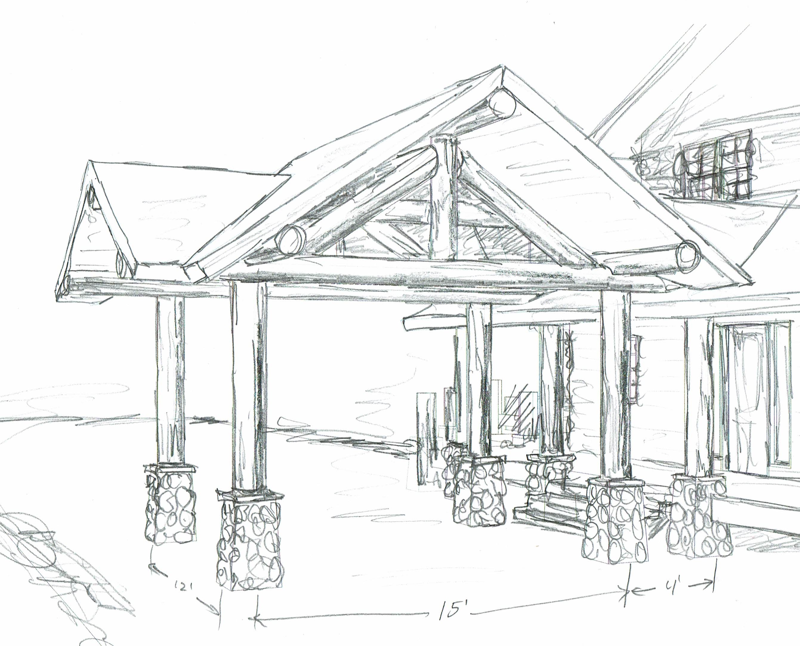 Sketch of drive-through portico log construction