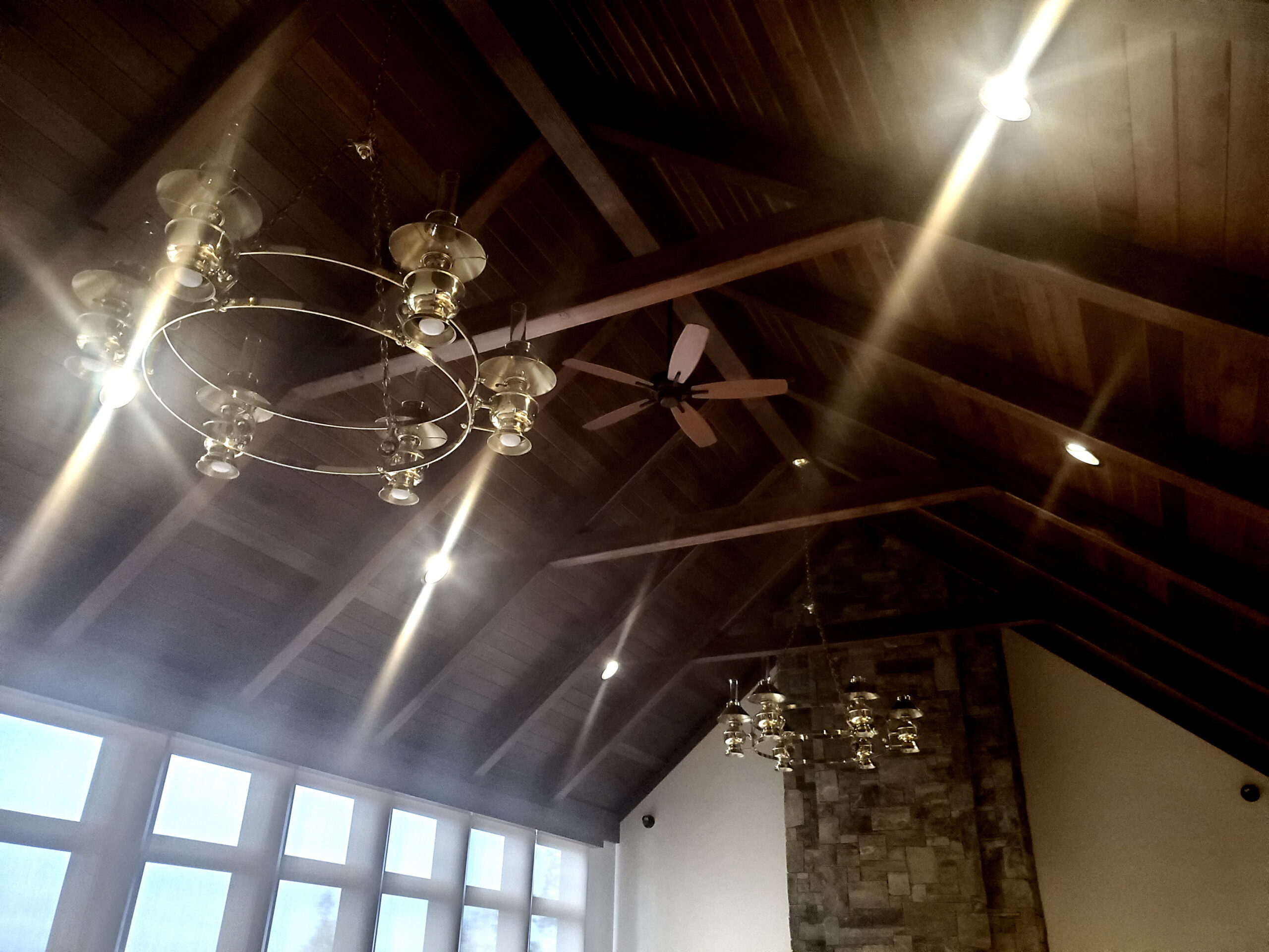 Ceiling timbers and Chandeliers in great room