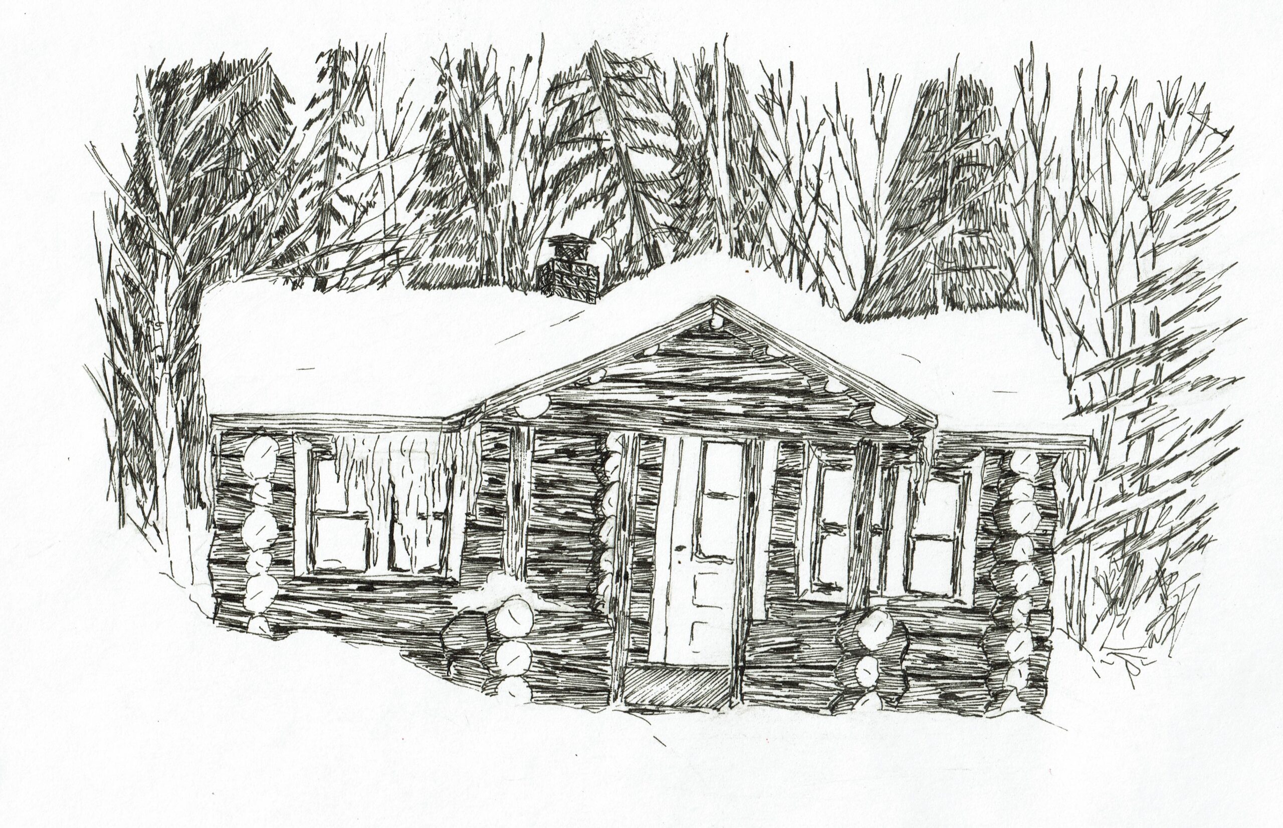 Buyck log cabin, ink drawing