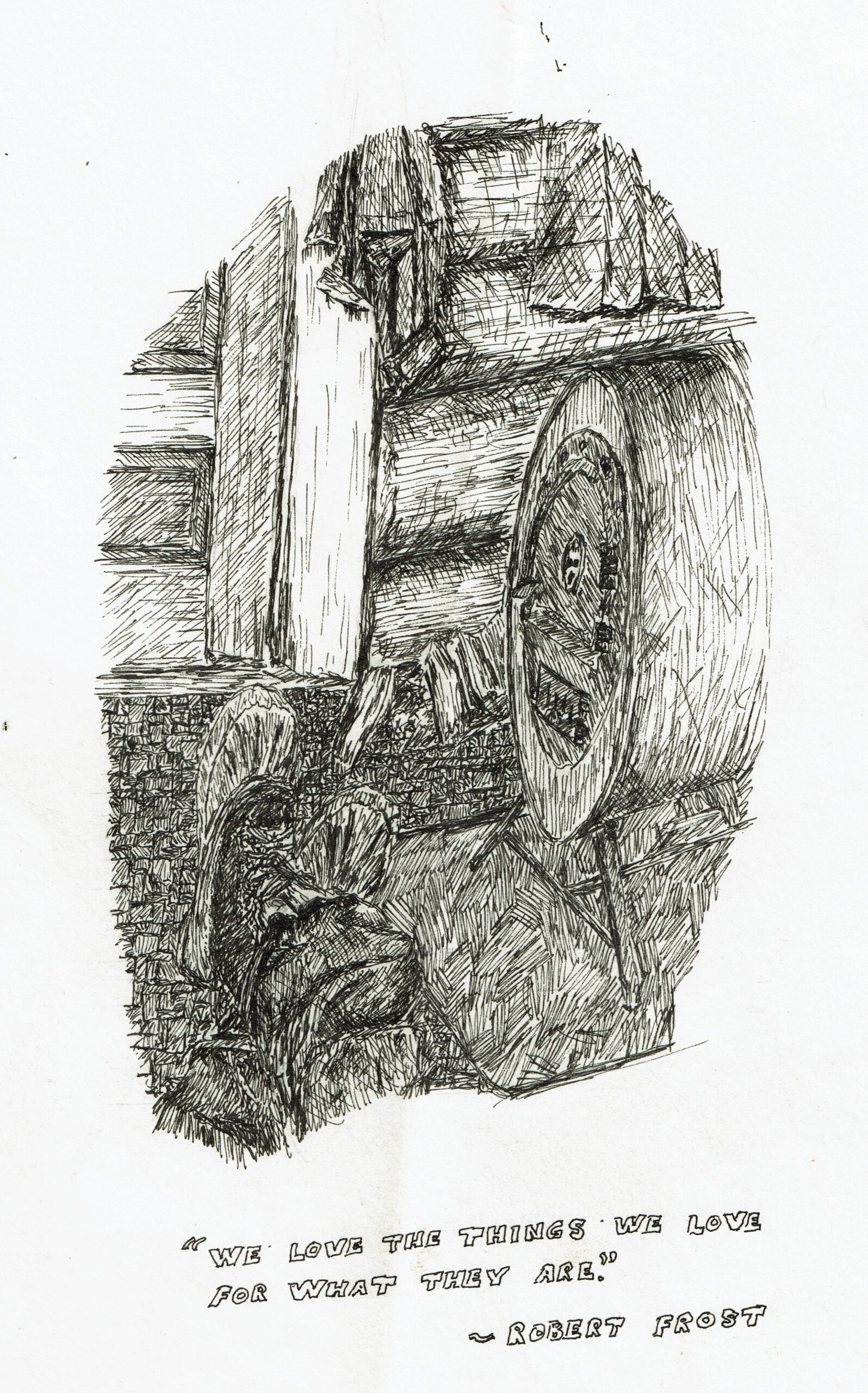 Buyck log cabin, ink drawing, barrelstove