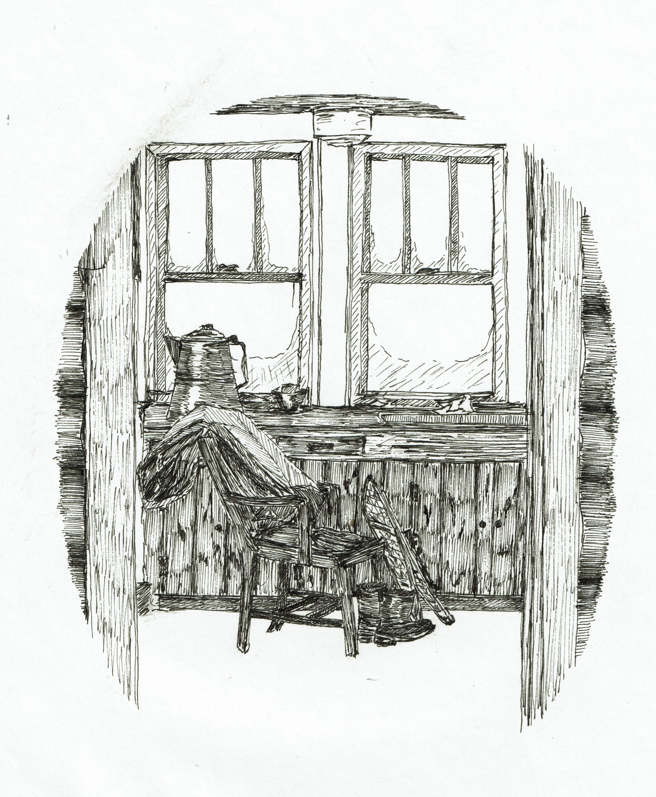 Buyck log cabin, ink drawing, snow shoes and chair